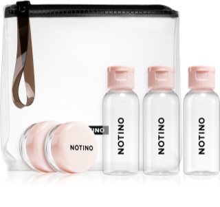 Notino Travel Collection rejsesæt med 5 tomme, små beholdere i en lille toilettaske og selvklæbende etiketter  Pink