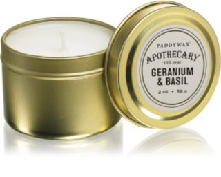 Paddywax Apothecary Geranium & Basil aromatizēta svece skārda kārbiņā