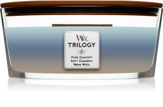 Woodwick Trilogy Woven Comforts geurkaars met een houten lont (hearthwick)