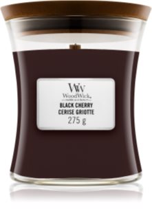 Woodwick Black Cherry dišeča sveča  z lesenim stenjem