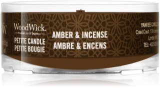 Woodwick Amber & Incense votivna sveča z lesenim stenjem