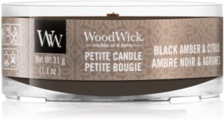 Woodwick Black Amber & Citrus candela votiva con stoppino in legno