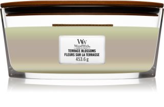 Woodwick Trilogy Terrace Blossoms dišeča sveča  z lesenim stenjem (hearthwick)