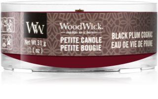 Woodwick Black Plum votivna sveča z lesenim stenjem