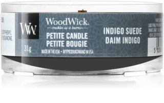 Woodwick Indigo Suede mala mirisna svijeća bez staklene posude s drvenim fitiljem