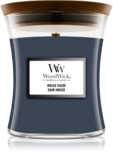 Woodwick Indigo Suede geurkaars met een houten lont 85 gr