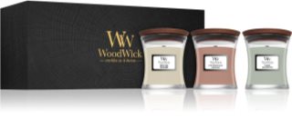 Woodwick Fireside & White Teak & Stone Wash Suede Dāvanu komplekts ar koka dakti (gift box)