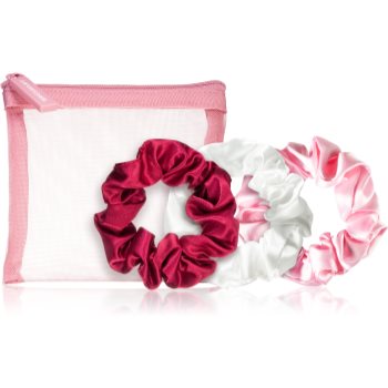 BrushArt Berry Scrunchie set set de elastice pentru păr, în geantă mini White, Light pink, Dark pink (3 pc)