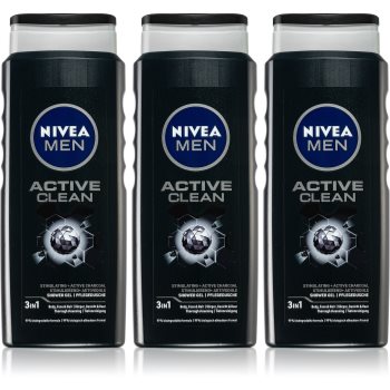 NIVEA MEN Active Clean Gel de duș pentru bărbați 3 x 500 ml(ambalaj economic)