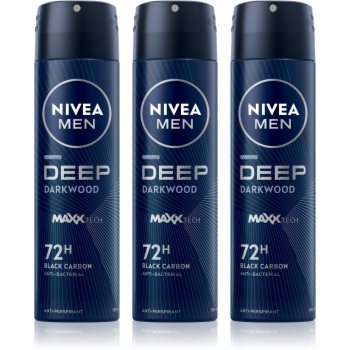NIVEA MEN Deep Black Carbon Darkwood spray anti-perspirant ambalaj economic pentru bărbați 3 x 150 ml