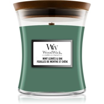 Woodwick Mint Leaves & Oak lumânare parfumată cu fitil din lemn din imagine noua