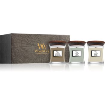 Woodwick Fireside + White Teak + Sand & Driftwood set cadou