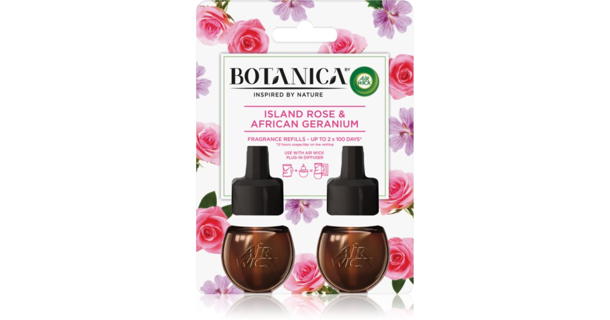 Air Wick Botanica Ricarica Olio Profumato Per Presa, Rosa Dell'Isola E Geranio Africano, 2x19 Ml, Fino A 100 Giorni, Senza Ftalati