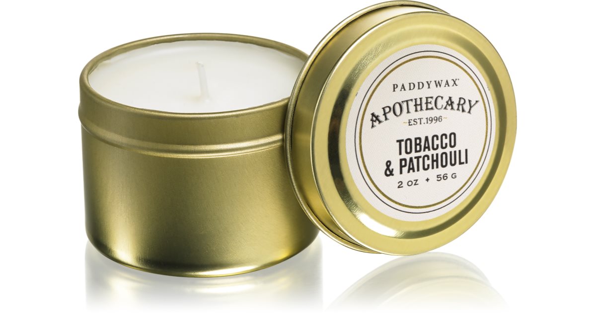 Paddywax Apothecary Tobacco & Patchouli scented candle in a tin