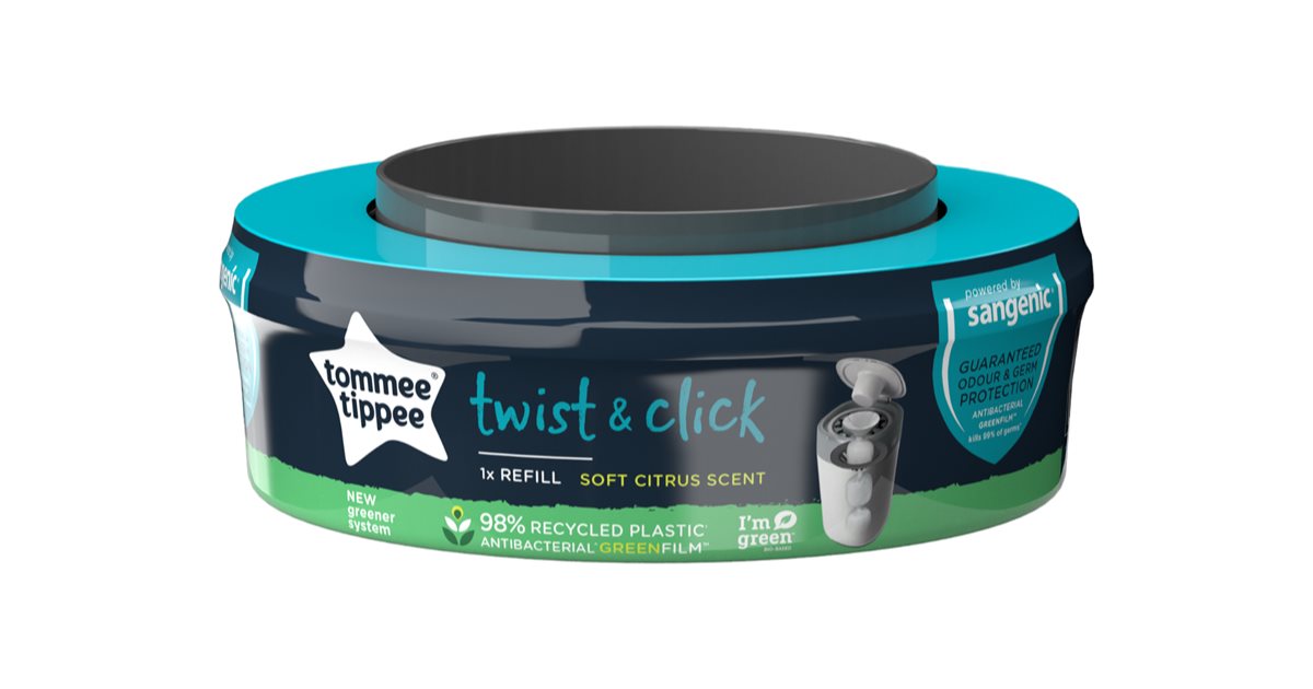 Tommee Tippee Twist & Click Advanced luieremmer starterset, 1x set van 6 navullingen met antibacteriële groene film, wit