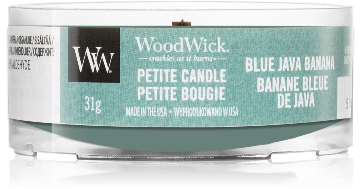 Woodwick Blue Java Banana votive candle with wooden wick notino.co.uk