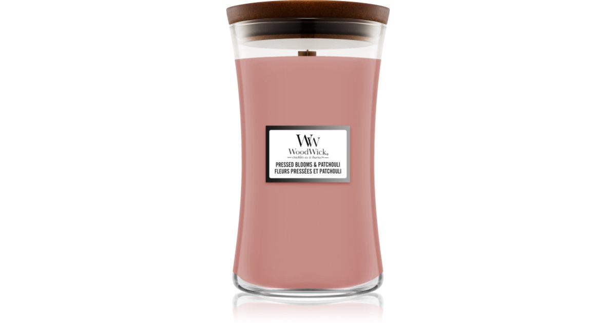 Woodwick Pressed Blooms & Patchouli scented candle with wooden wick