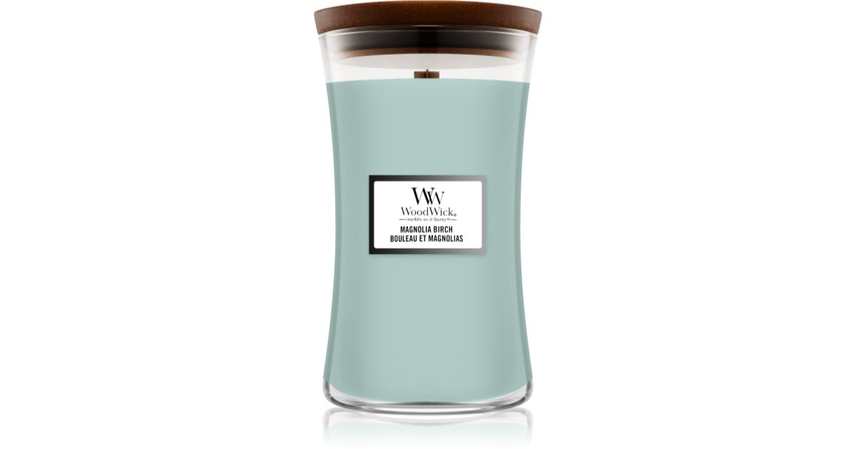 Woodwick Magnolia Birch scented candle with wooden wick