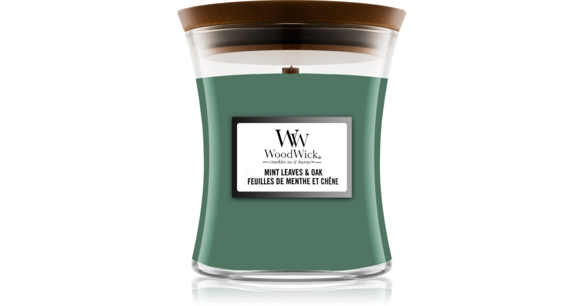 Woodwick Mint Leaves & Oak scented candle with wooden wick notino.co.uk