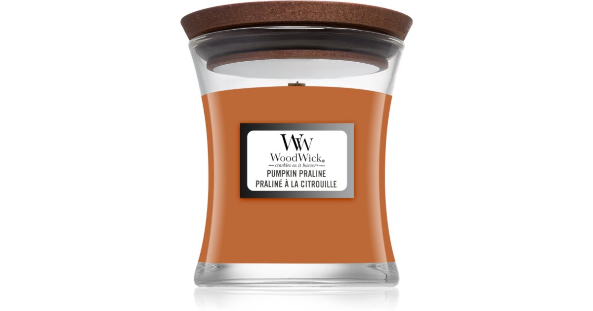 Woodwick Pumpkin Praline candela profumata con stoppino in legno 85 g